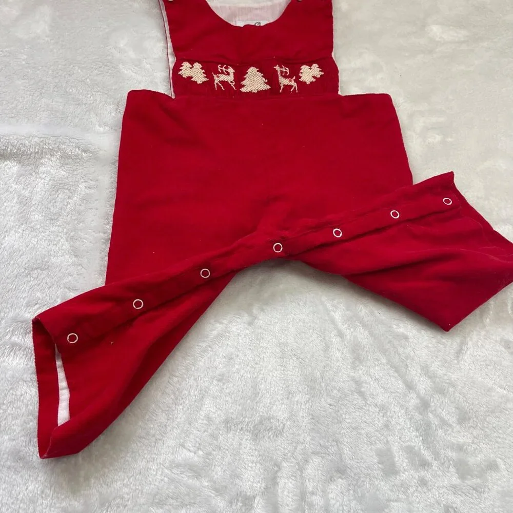 Proper Charlie Smocked‎ Reindeer Longalls Baby Boys 12M 100% Cotton Red Corduroy